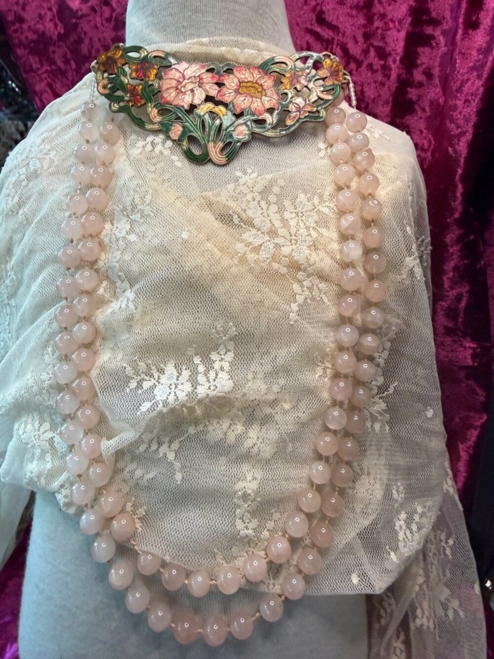 Cloisonné Floral Brooch & Peach Quartz Beads SEE